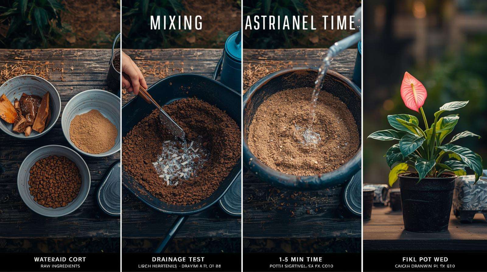 Four-stage workbench showing raw ingredients, mixing, drainage test, and Anthurium in aroid soil mix prep process.