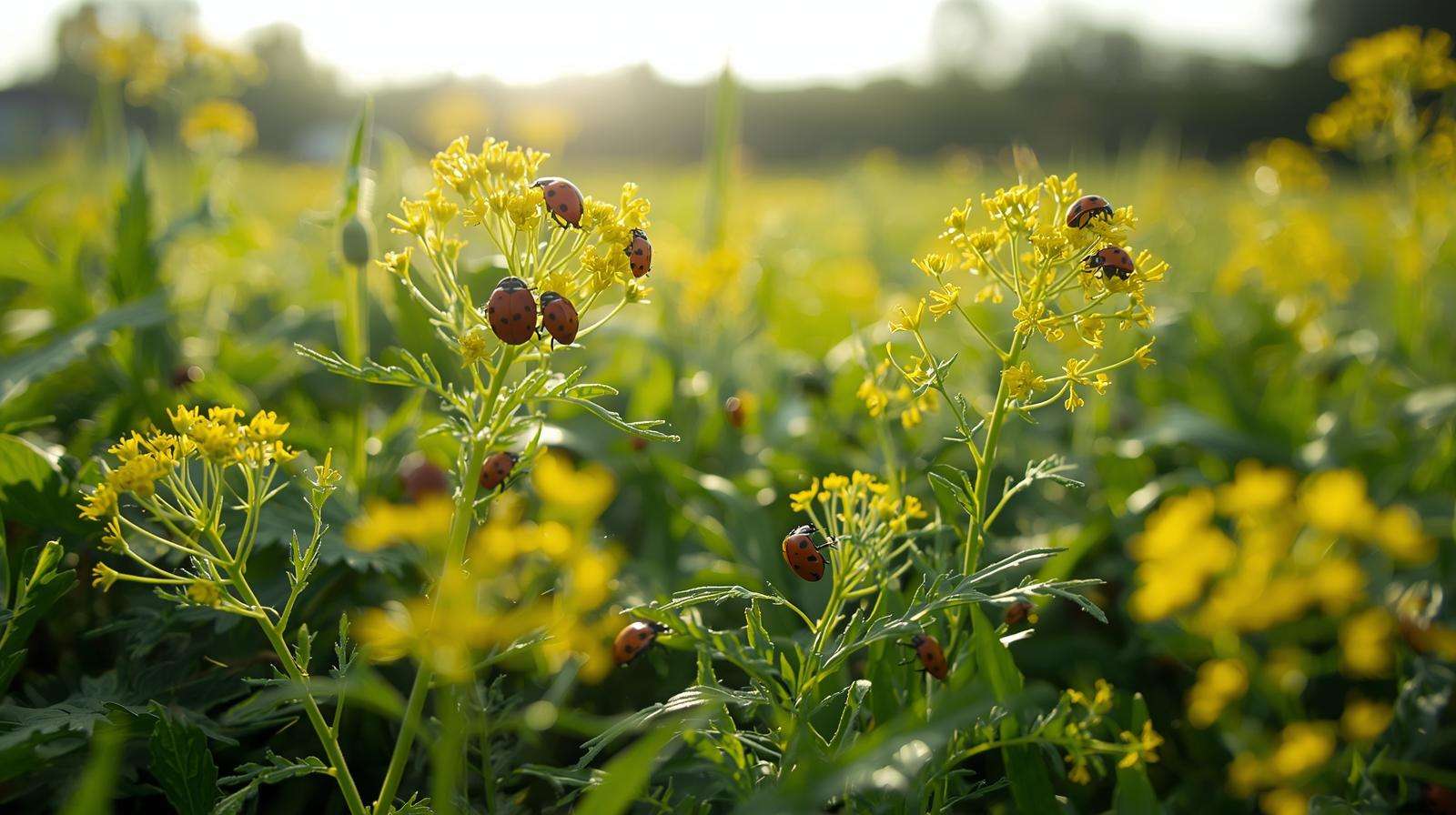 Ladybugs on plants with dill flowers for natural pest control in a farm garden.