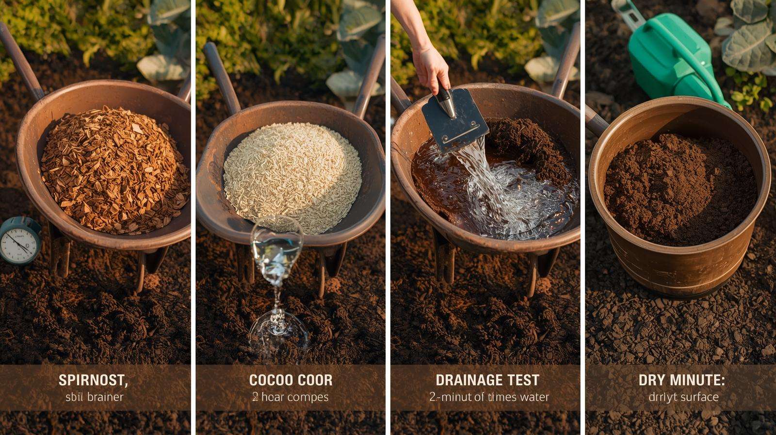 Four-stage workspace showing raw ingredients, mixing, drainage test, and Amaranth in best soil for plants prep process.