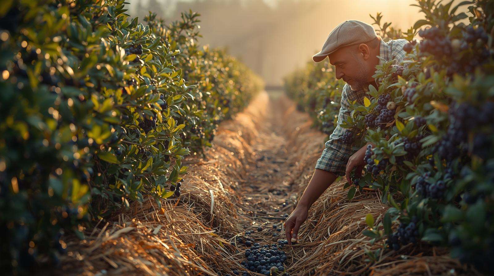 Organic blueberry farm using pine straw for soil health and berry growth.