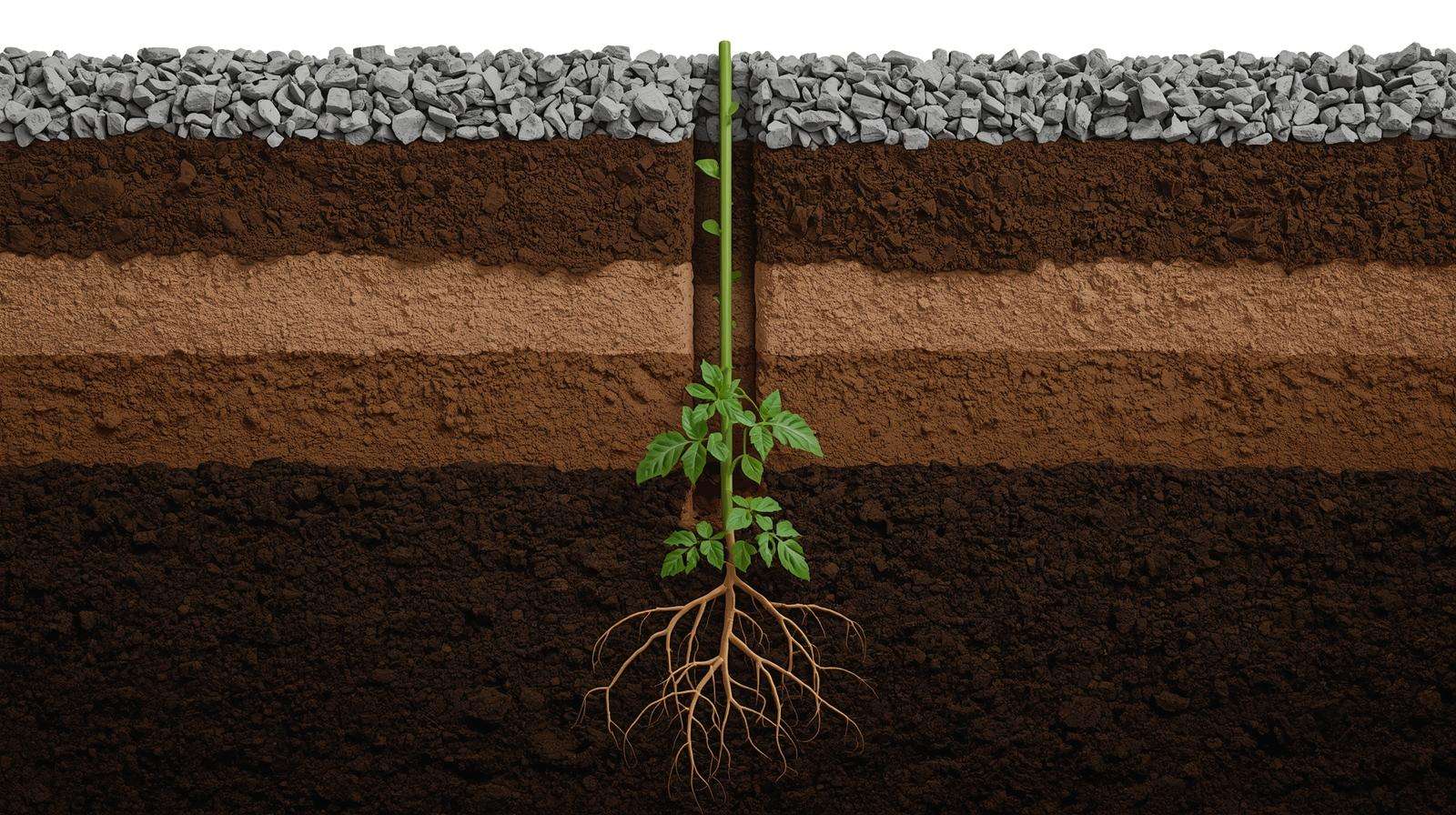 Cross-section of stone mulch installation with drip irrigation and compost in organic row crop