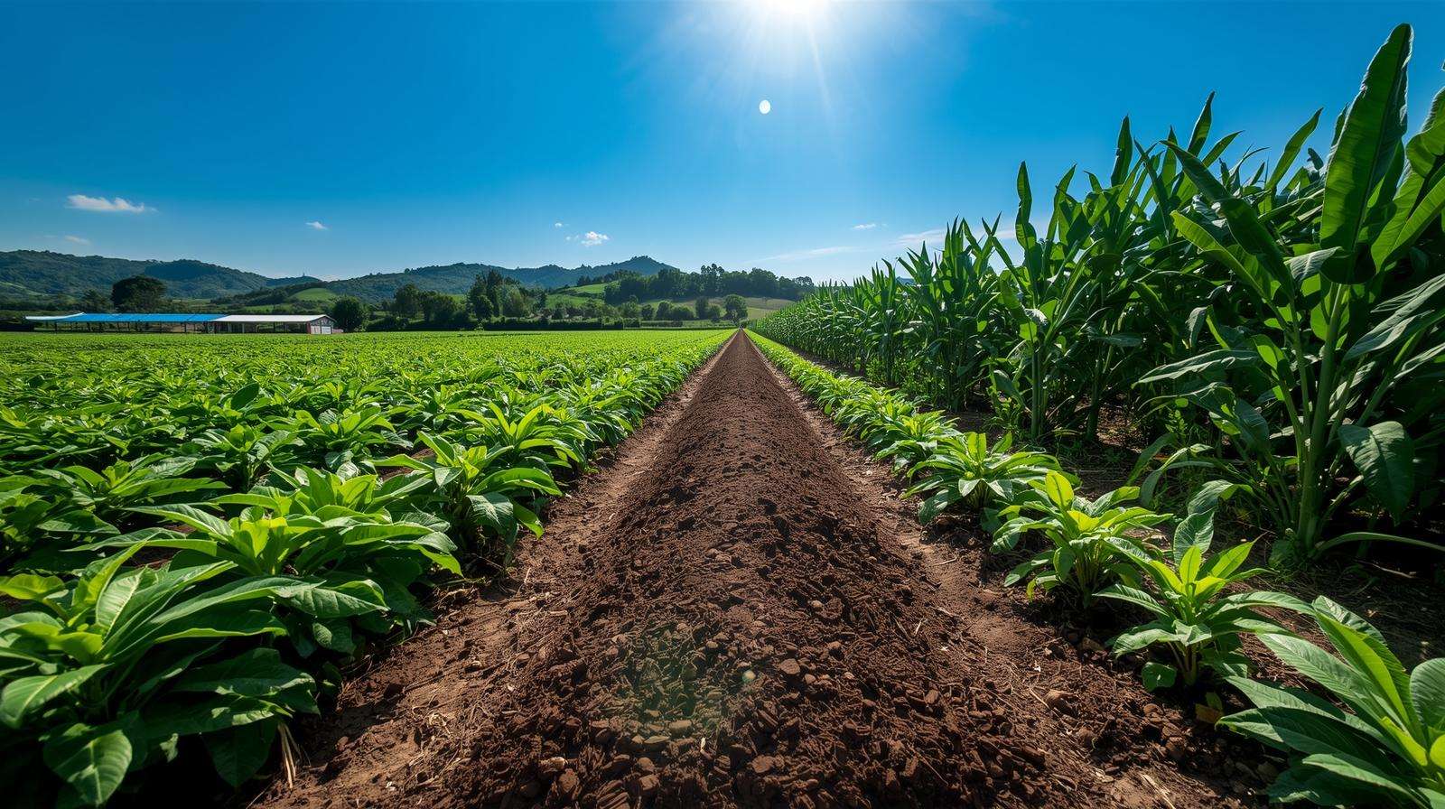 Sustainable organic farm with cocoa bean mulch and cover crops for soil health.