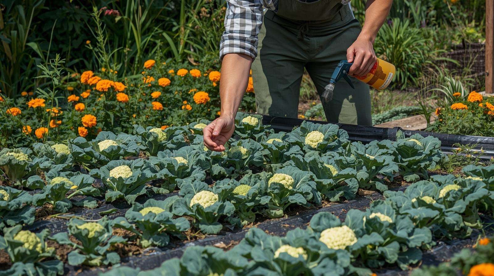 Gardener using organic pest control with ladybugs in a cauliflower and broccoli garden, showcasing sustainable flower vegetable care.