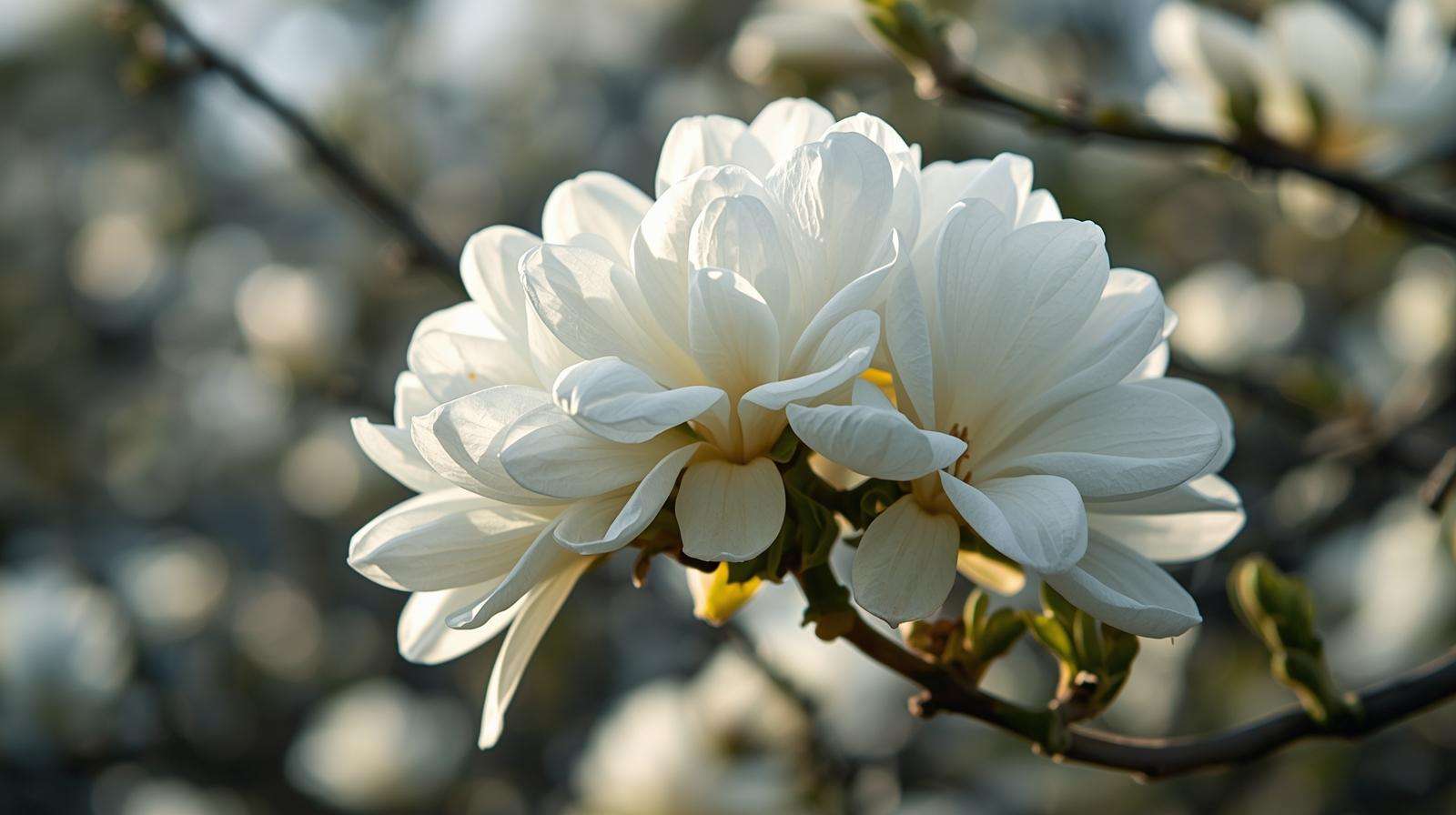 Close-up of star magnolia’s fragrant white flowering trees in a compact urban garden.
