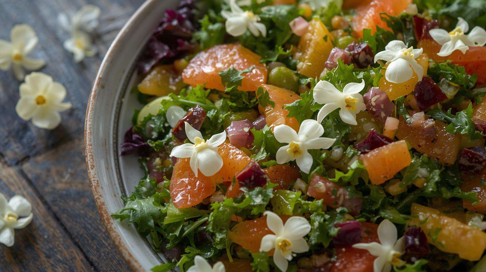 Salad with Dendrobium speciosum edible orchids as garnish, highlighting culinary uses in sustainable gardening.