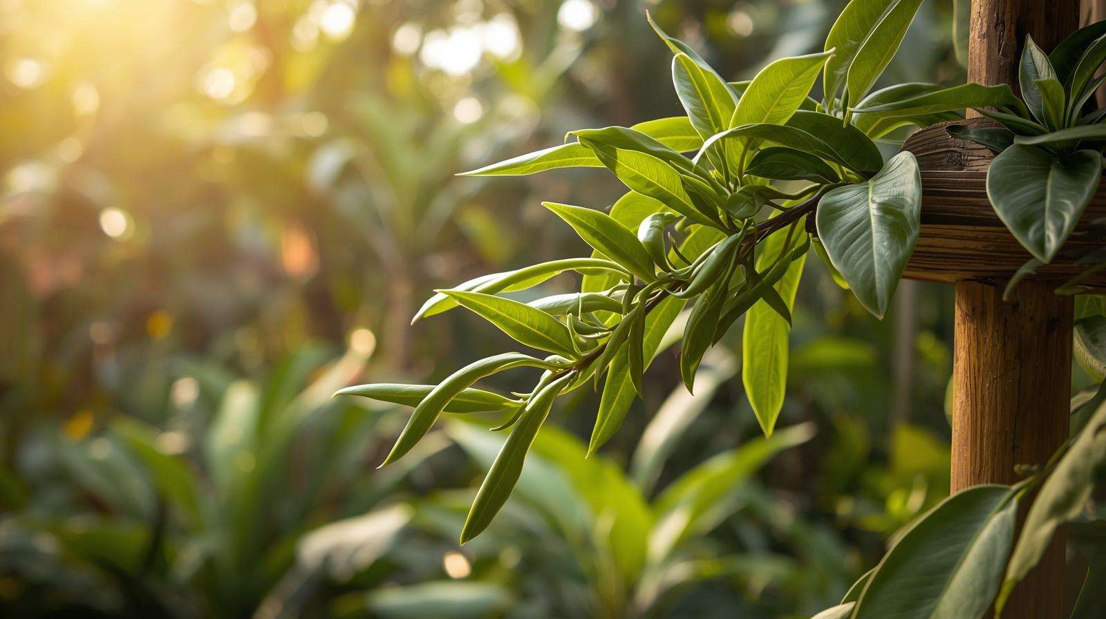 Vanilla orchid vine with green pods in a tropical garden, showcasing edible orchids for sustainable cultivation.