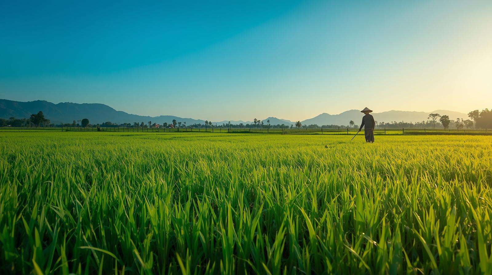 Lush organic white rice paddy with green plants and a farmer under golden sunlight, showcasing sustainable farming.