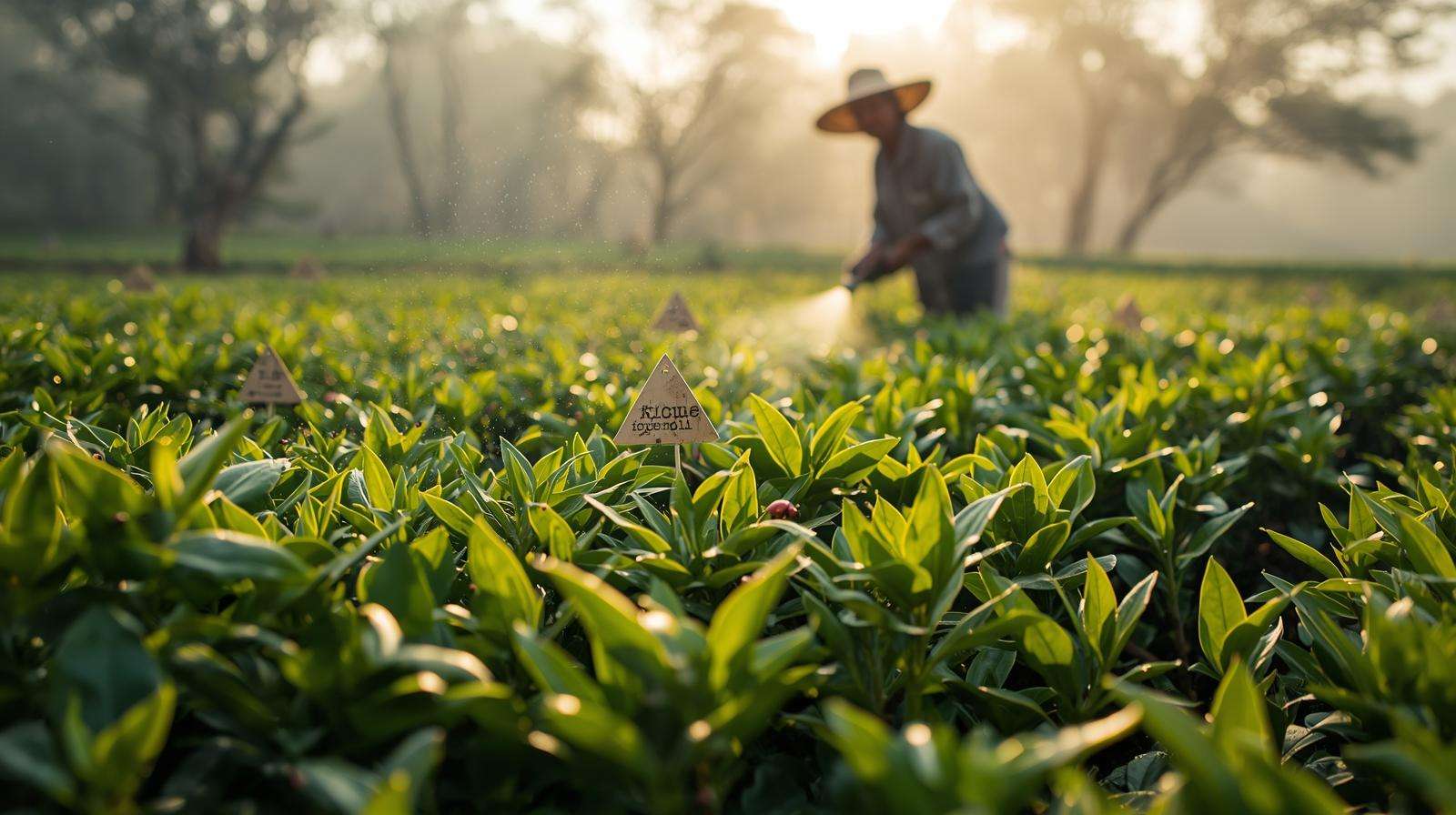 Farmer using neem oil spray on tea plants with ladybugs and sticky traps, illustrating organic pest management in black tea cultivation.