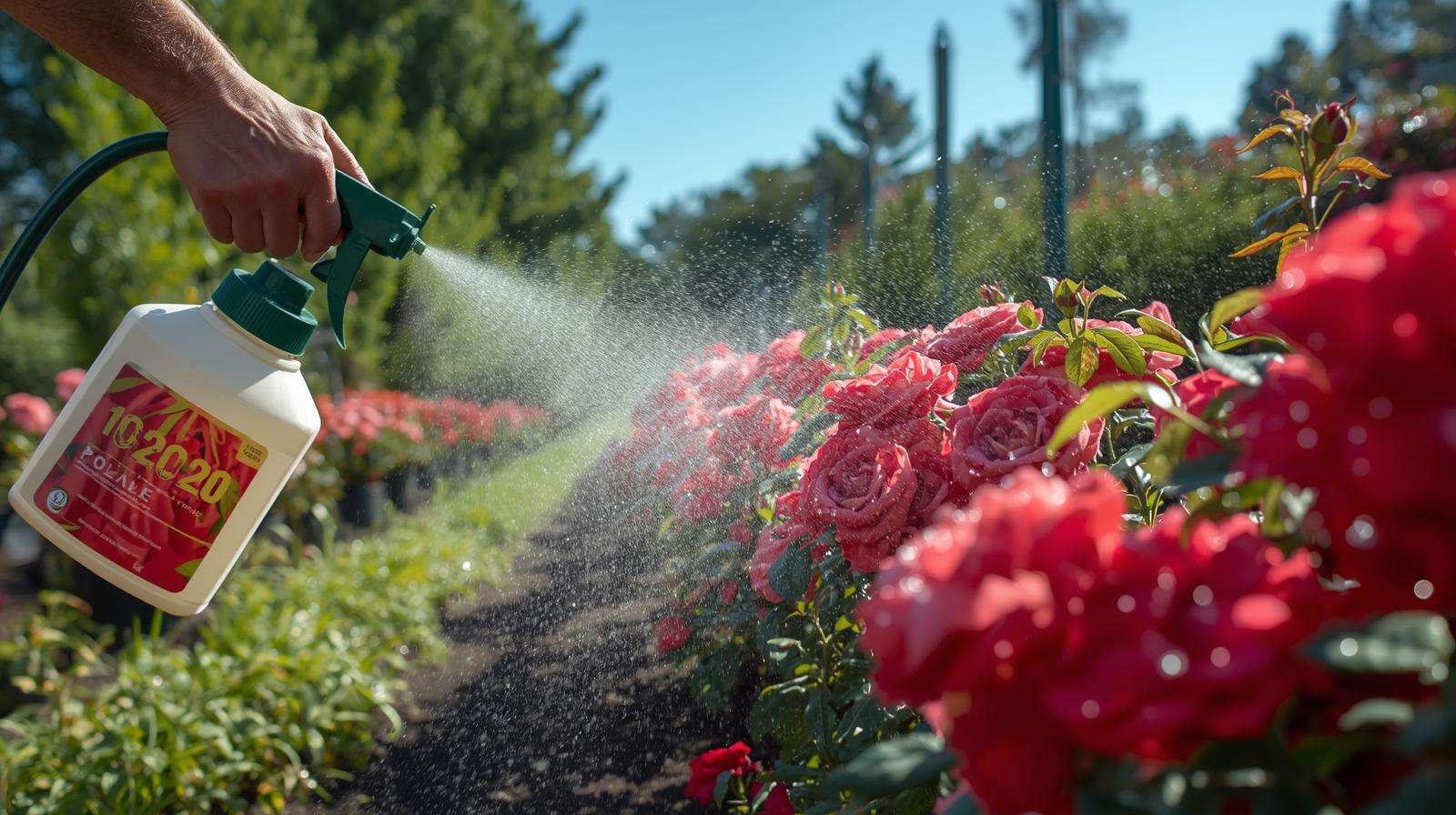 Gardener applying foliar spray of 10 20 20 fertilizer to blooming roses, promoting vibrant flower growth in a lush garden.