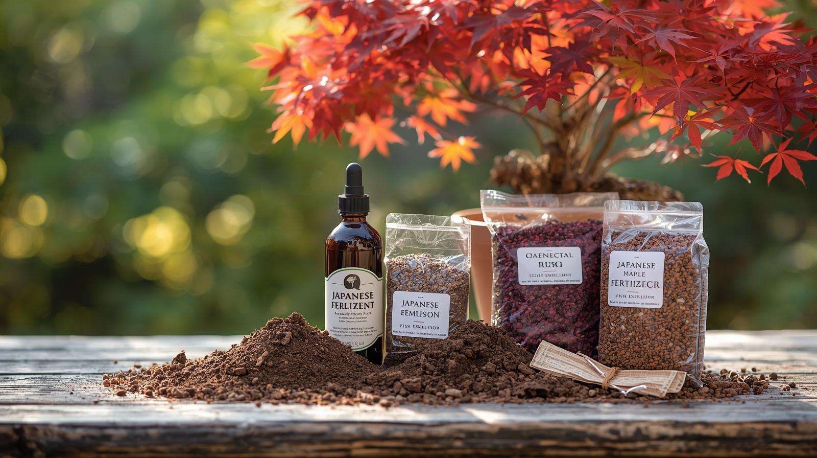 Japanese maple fertilizer products, including compost and fish emulsion, on a wooden table with a maple in the background.