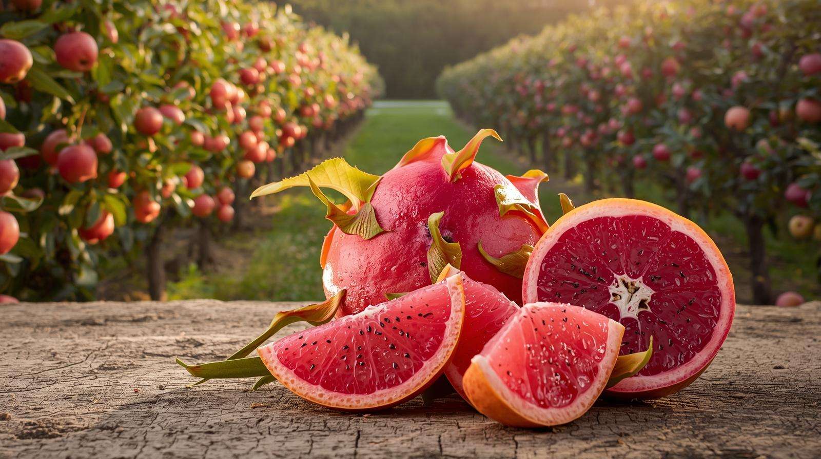 Close-up of pink fruits like grapefruit and dragon fruit, highlighting their unique colors and growing needs.