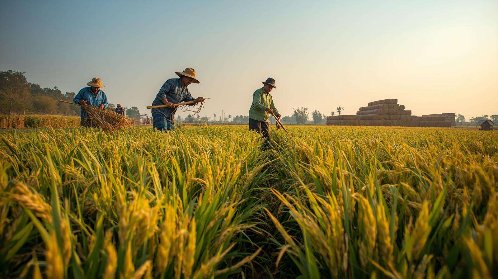 Farmers harvesting organic white rice with manual tools in a sustainable field under clear skies.