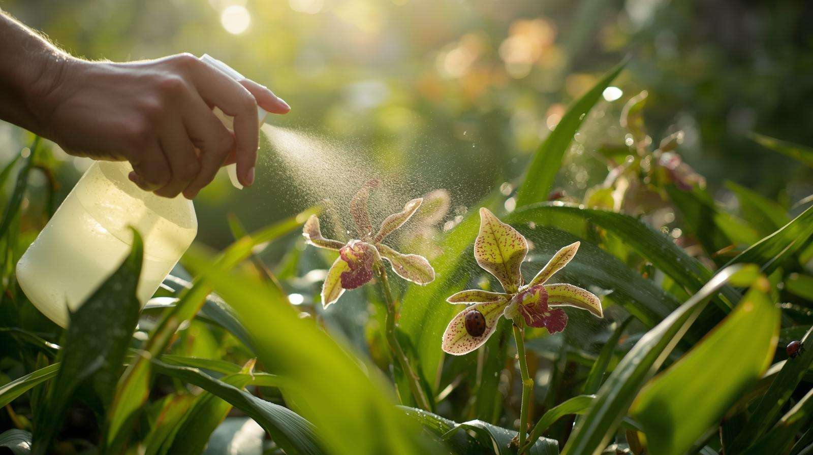 Gardener applying neem oil to edible orchids with ladybugs, showcasing organic pest control.
