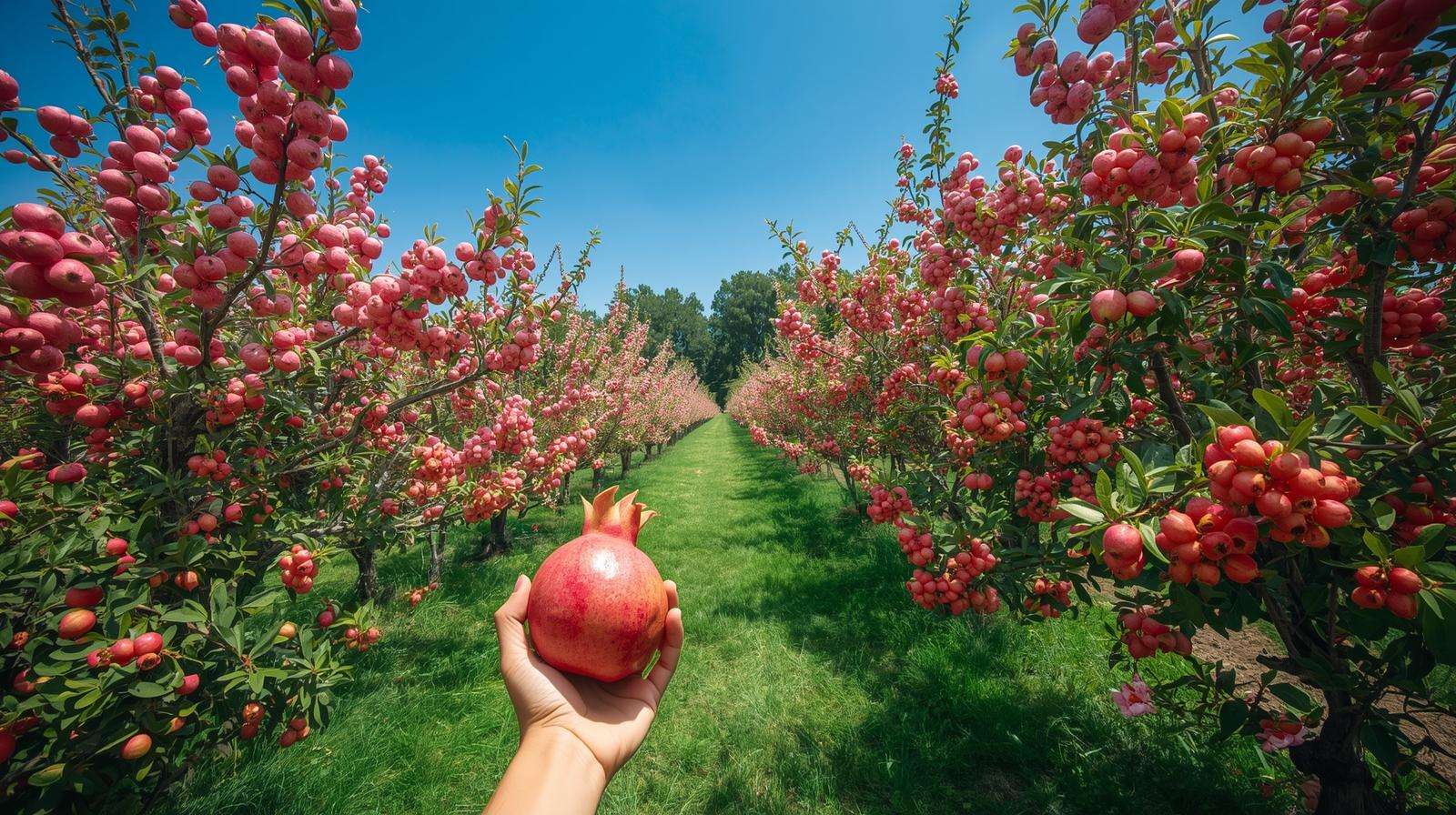 Farmer with pink guava in an orchard of pink fruits, showcasing vibrant apples, pomegranates, and currants.