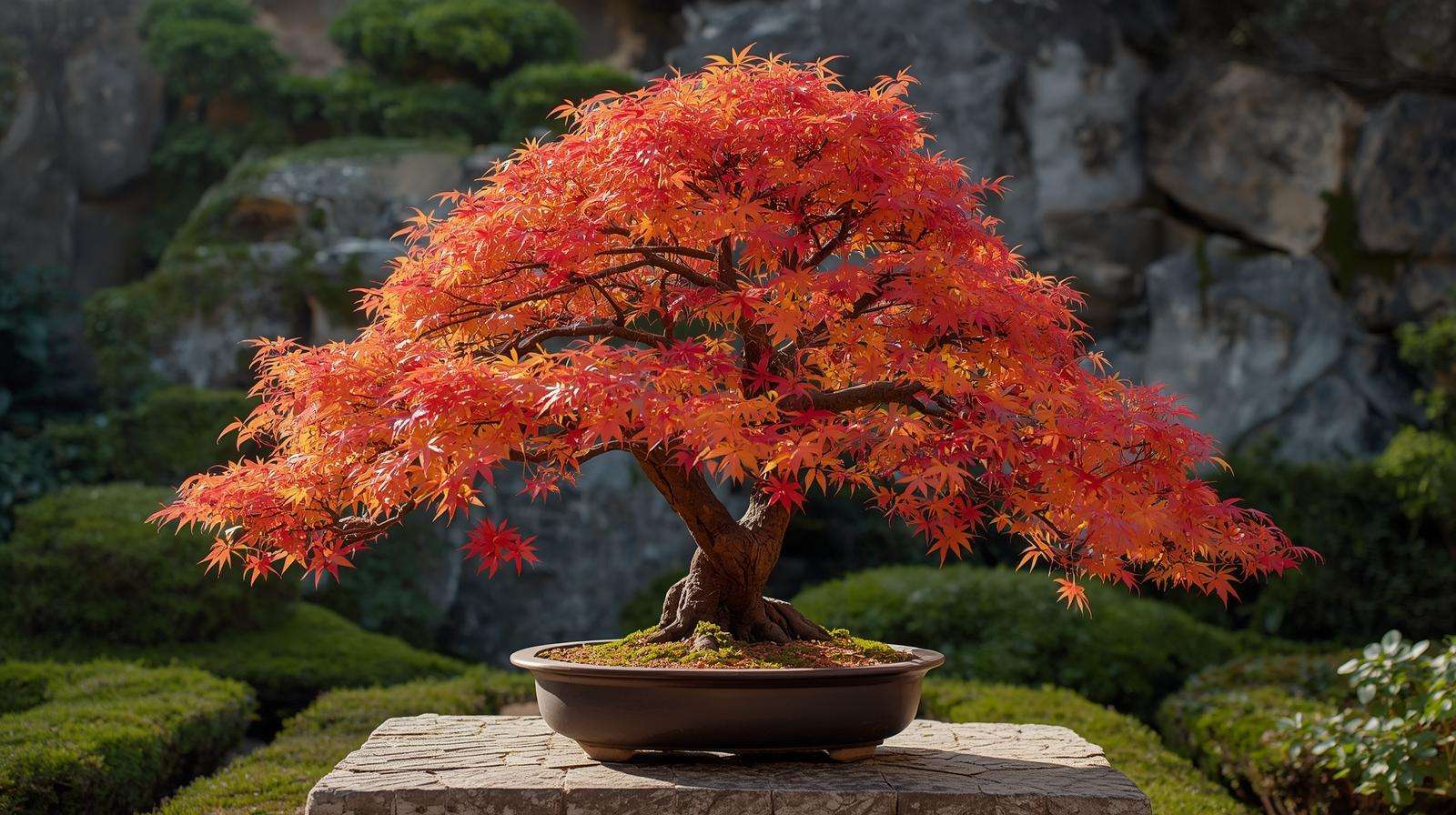 Vibrant Japanese maple with red fall foliage in a ceramic pot, showcasing healthy growth in a garden.