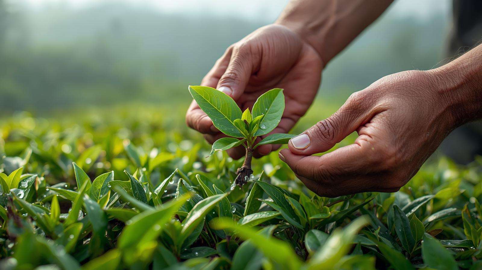 Close-up of farmer’s hands plucking two leaves and a bud from a tea bush, highlighting precise harvesting for organic black tea quality.