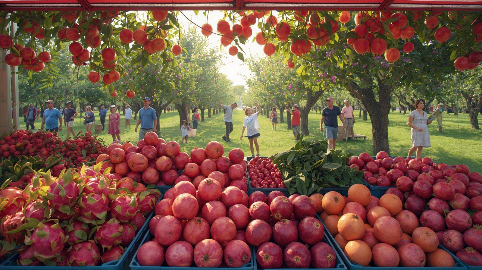 Farmers’ market with pink fruits like dragon fruit and pomegranates, highlighting profitable orchard sales.