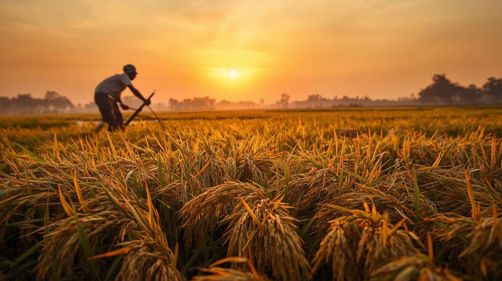 Farmer harvesting mature organic basmati rice in a golden field at sunset, emphasizing optimal harvest timing.