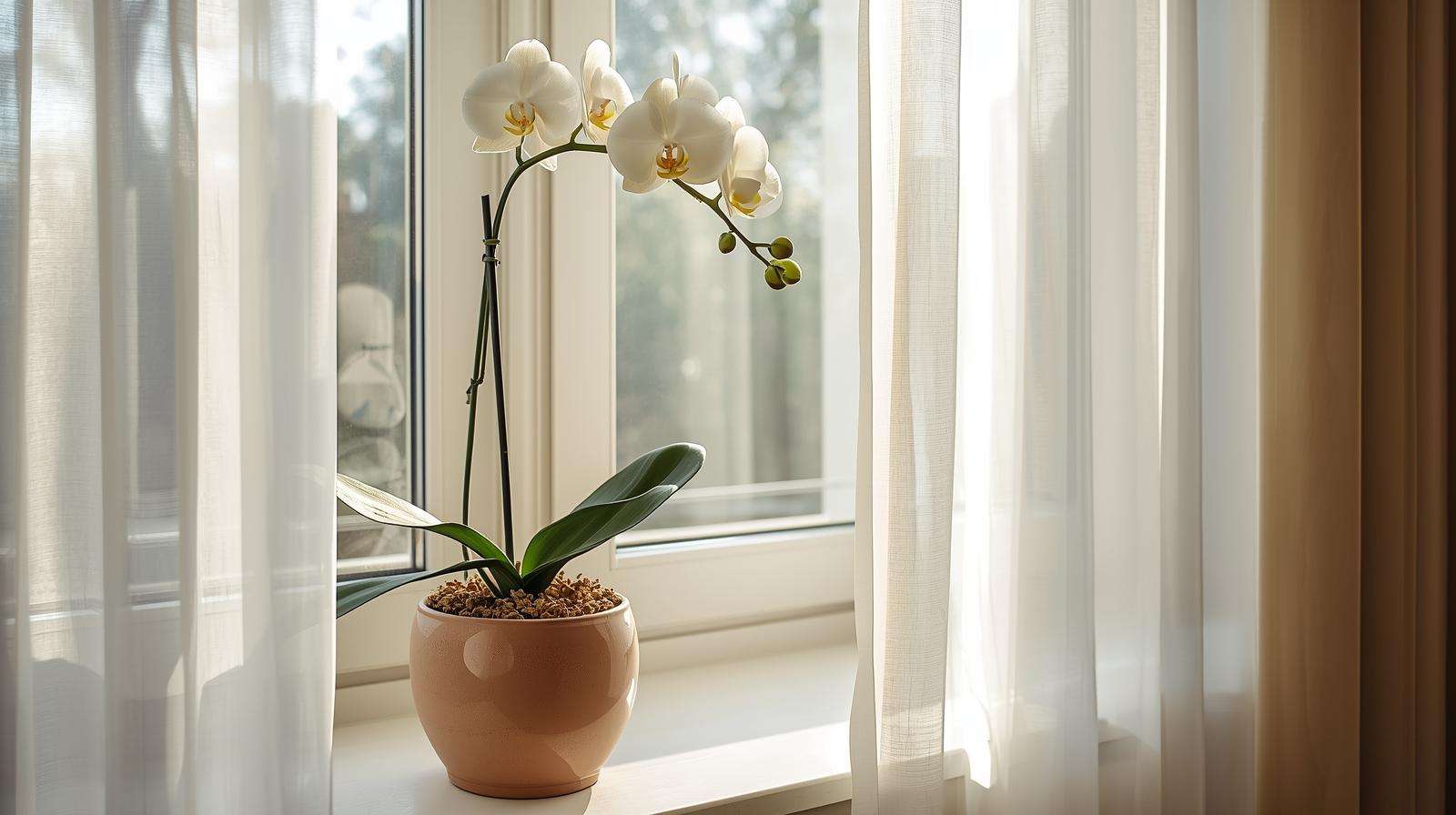 Phalaenopsis edible orchids on a windowsill, perfect for indoor sustainable gardening.