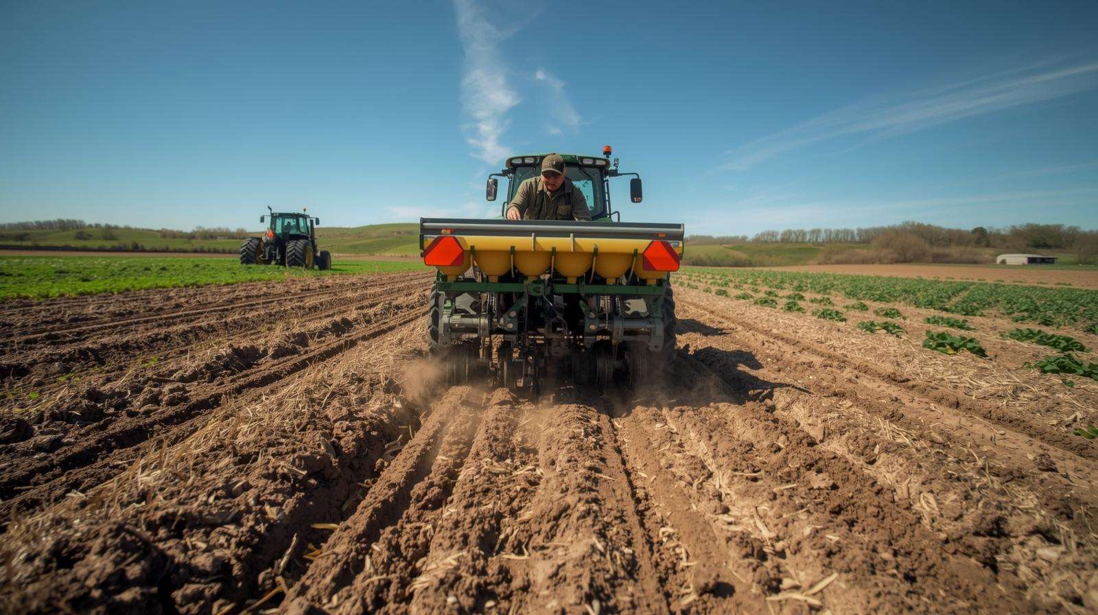 A farmer plants brown top millet seeds with a drill in a sunny farm field, with clover and a tractor in the background.