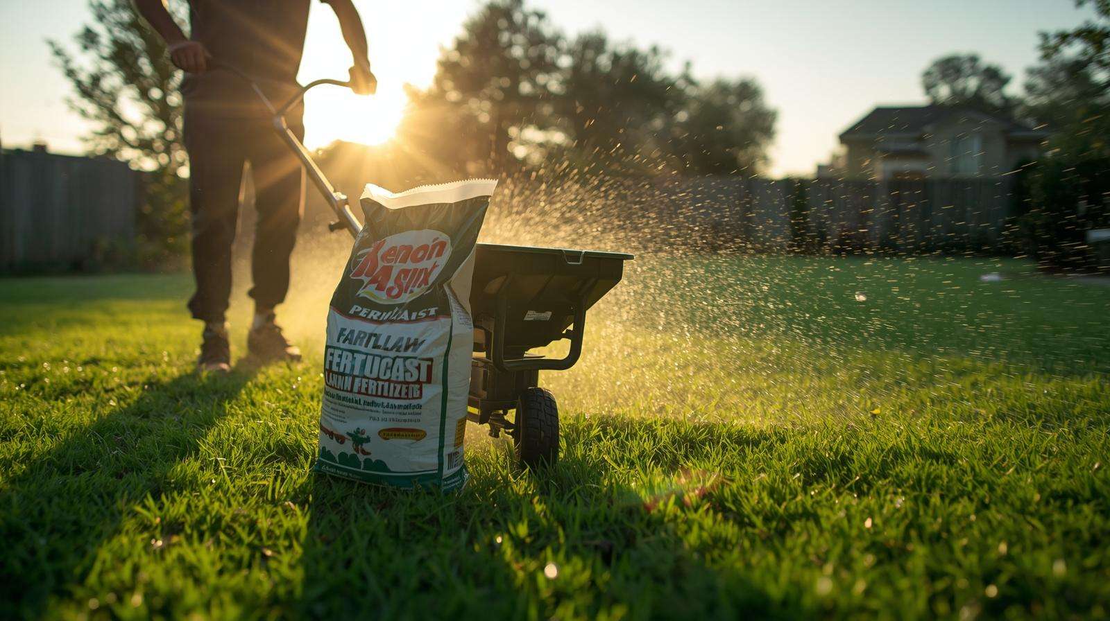 Gardener applying granular lawn fertiliser with a spreader on a lush green lawn in early morning light.