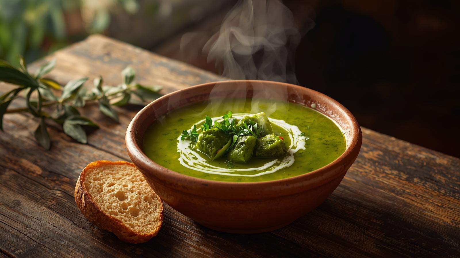 Steaming bowl of callaloo soup with herbs and coconut milk, showcasing Haitian vegetables in an authentic Haitian cuisine recipe.