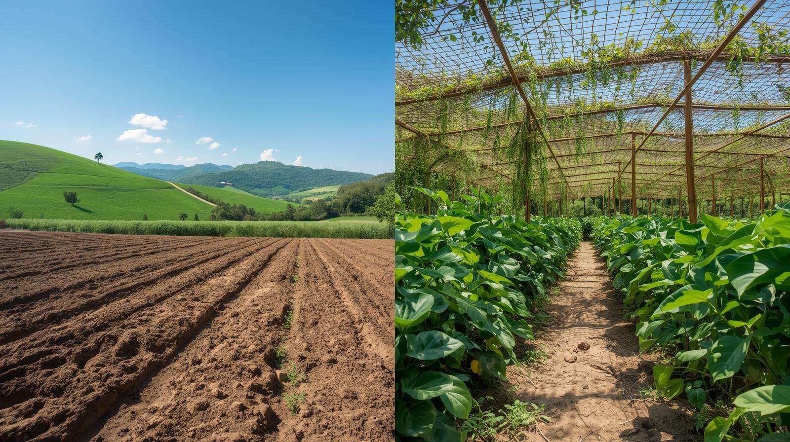 Before-and-after view of a permaculture plant nursery transformation