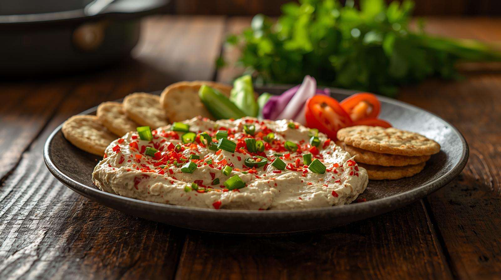 Spicy radish vegetable cream cheese spread with scallions on a rustic table, showcasing homemade vegetable spreads in a garden-to-table recipe.