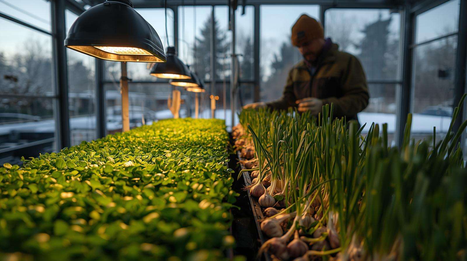 Gardener tending microgreens in a winter greenhouse, showcasing crop growing seasons for year-round food crop cultivation.