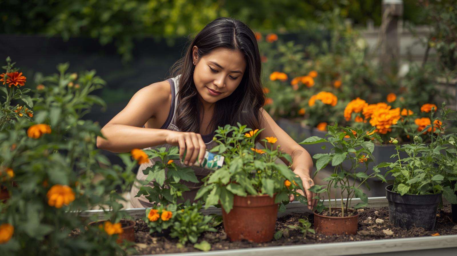Gardener using sticky traps for pest control in Pro Mix Soil containers, showcasing eco-friendly garden soil solutions for potting mix gardening.