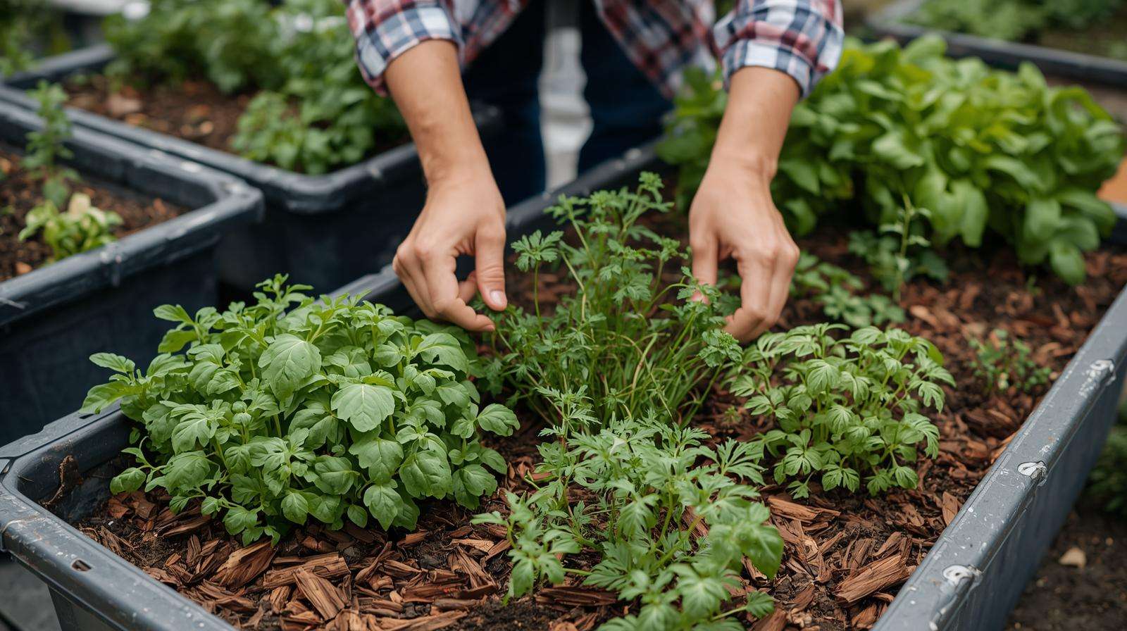 Farmer inspecting container garden with Penn Mulch and herbs.