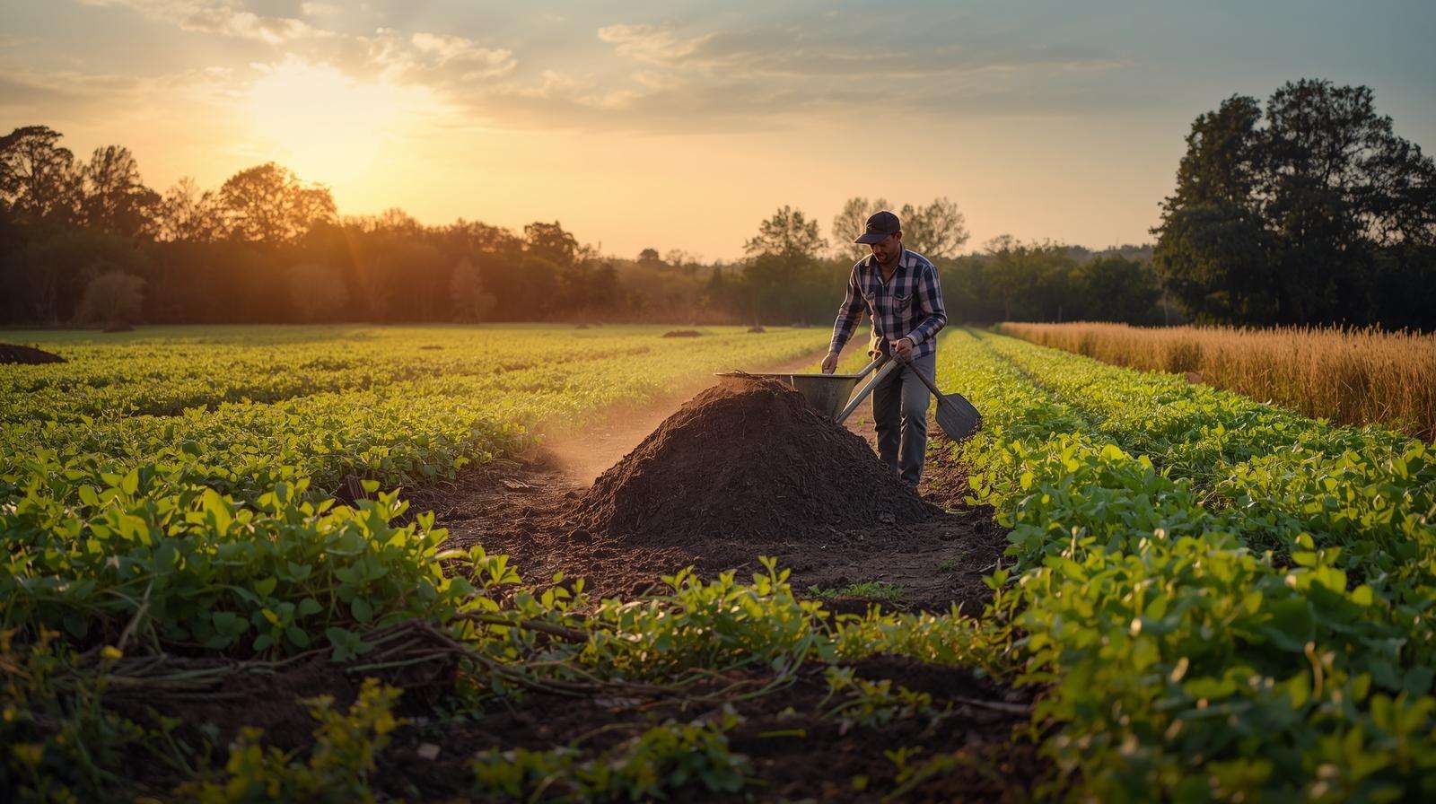 Farmer applying compost to profile soil and improve structure for sustainable crop production.