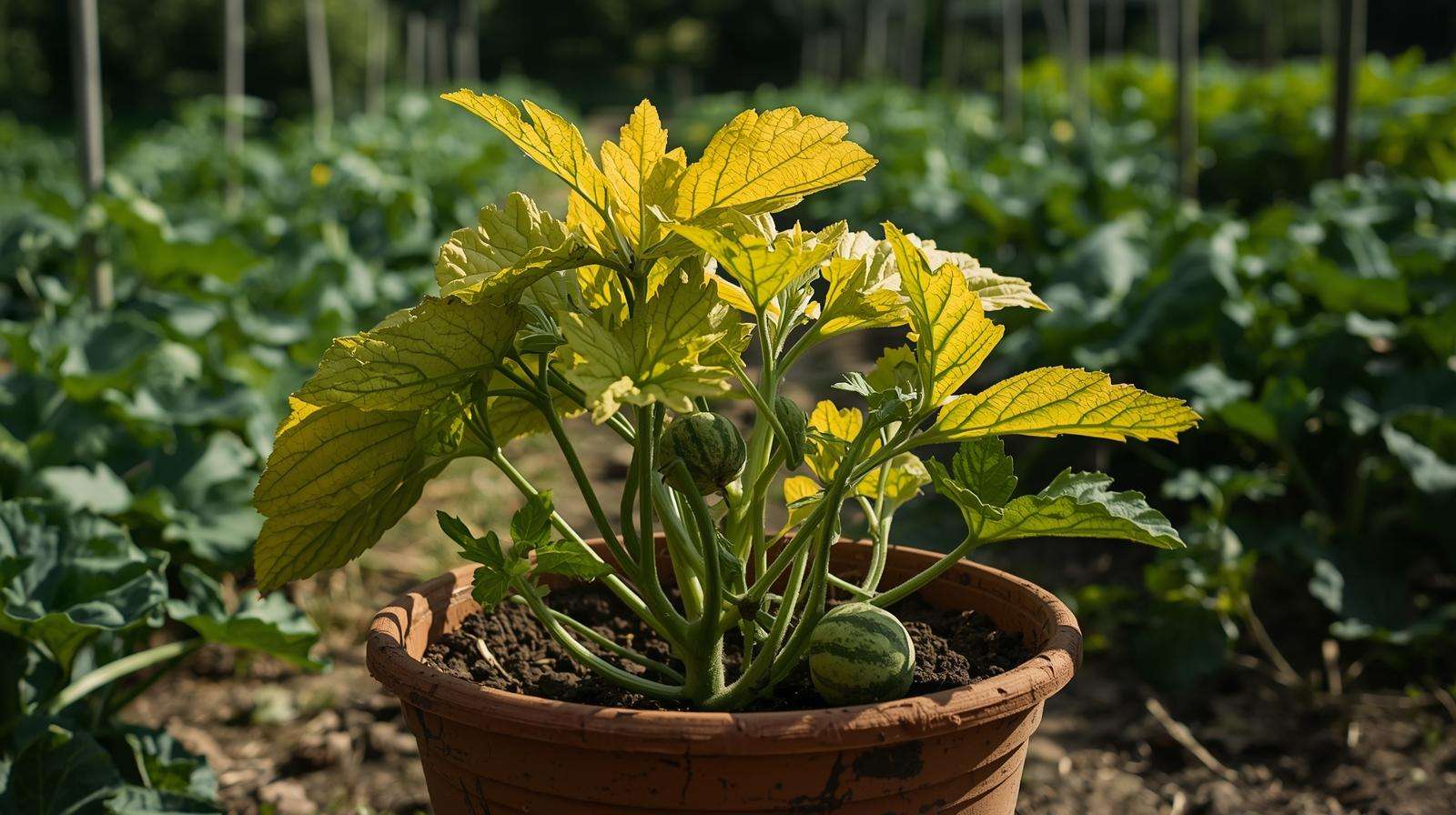Watermelon plant with yellowing leaves in a pot due to poor watermelon potting soil, highlighting the need for proper soil drainage.