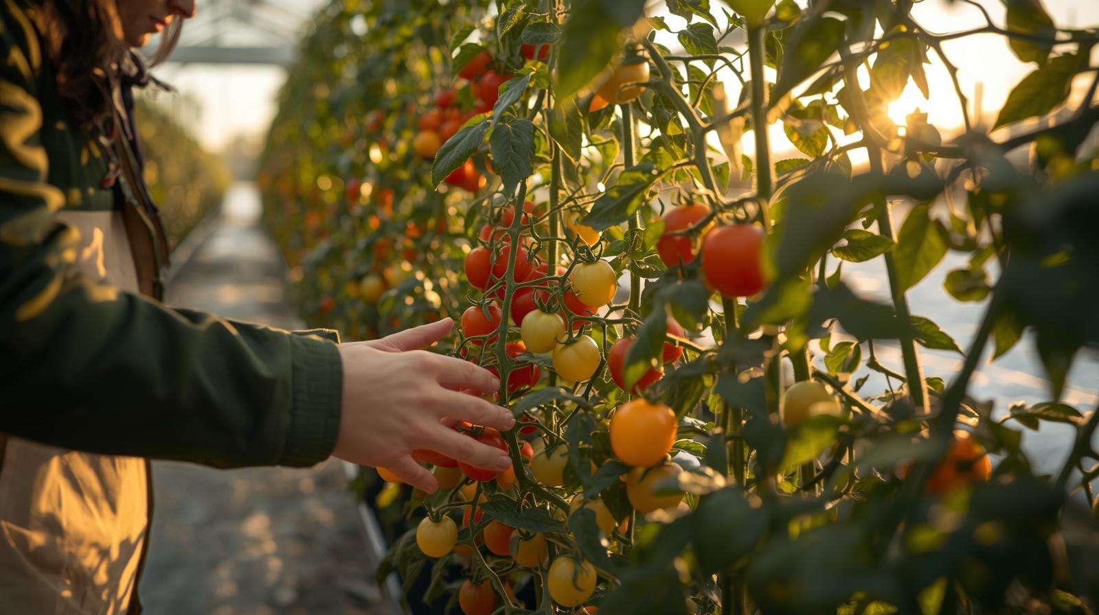 Gardener tending ‘Yellow Pear’ rainbow tomatoes in a greenhouse during winter, showcasing colorful tomato varieties for year-round harvests.