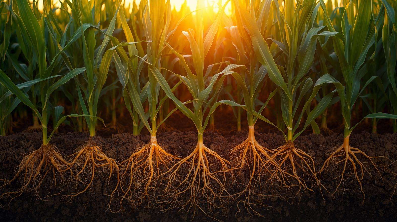 Thriving crop field with strong roots and healthy soil, showcasing the long-term benefits of organic resistant tapioca dextrin for resilient ecosystems.