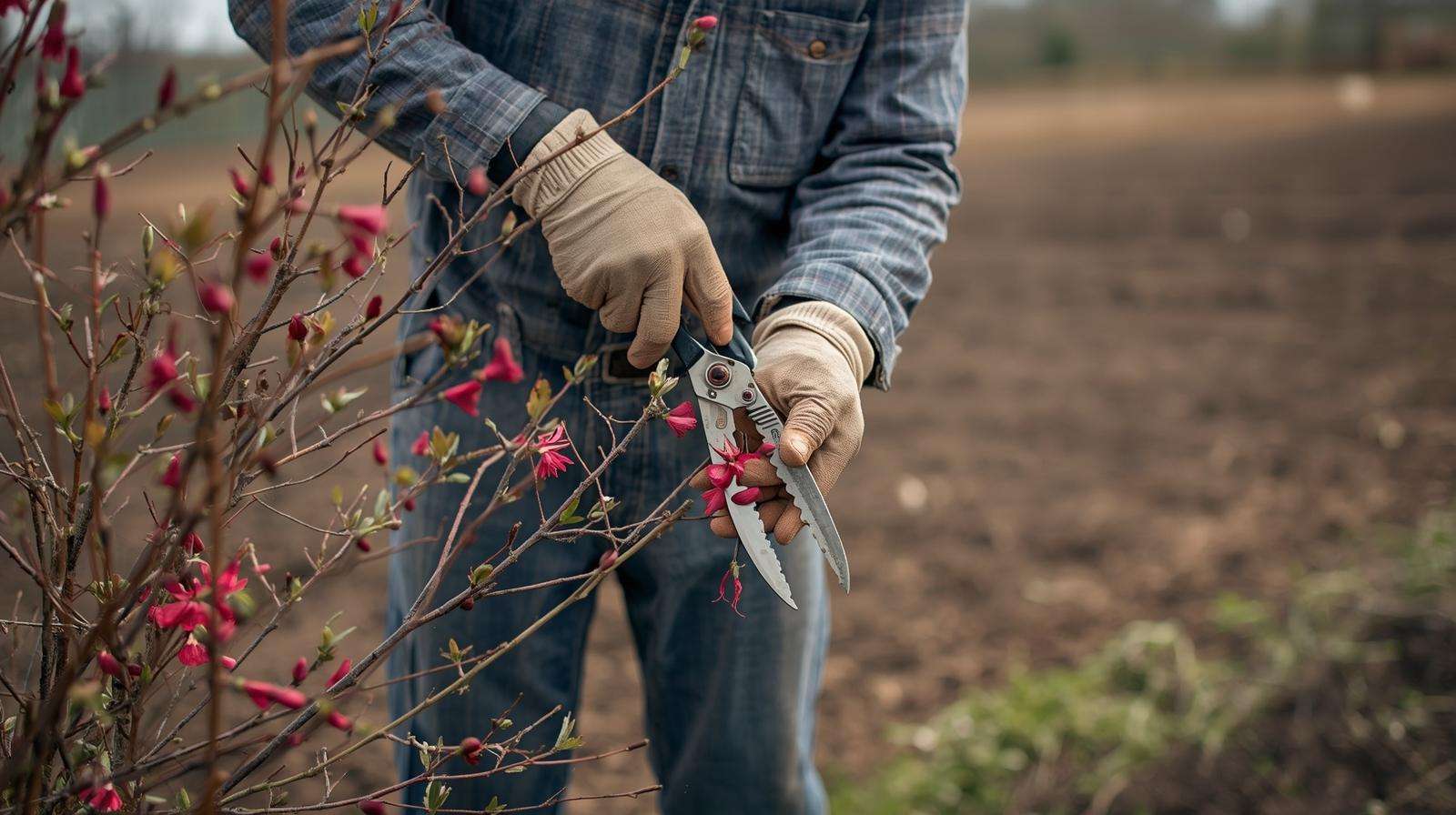 A farmer prunes a Royal Red butterfly bush variety in early spring, preparing the shrub for vibrant blooms in a farm garden.