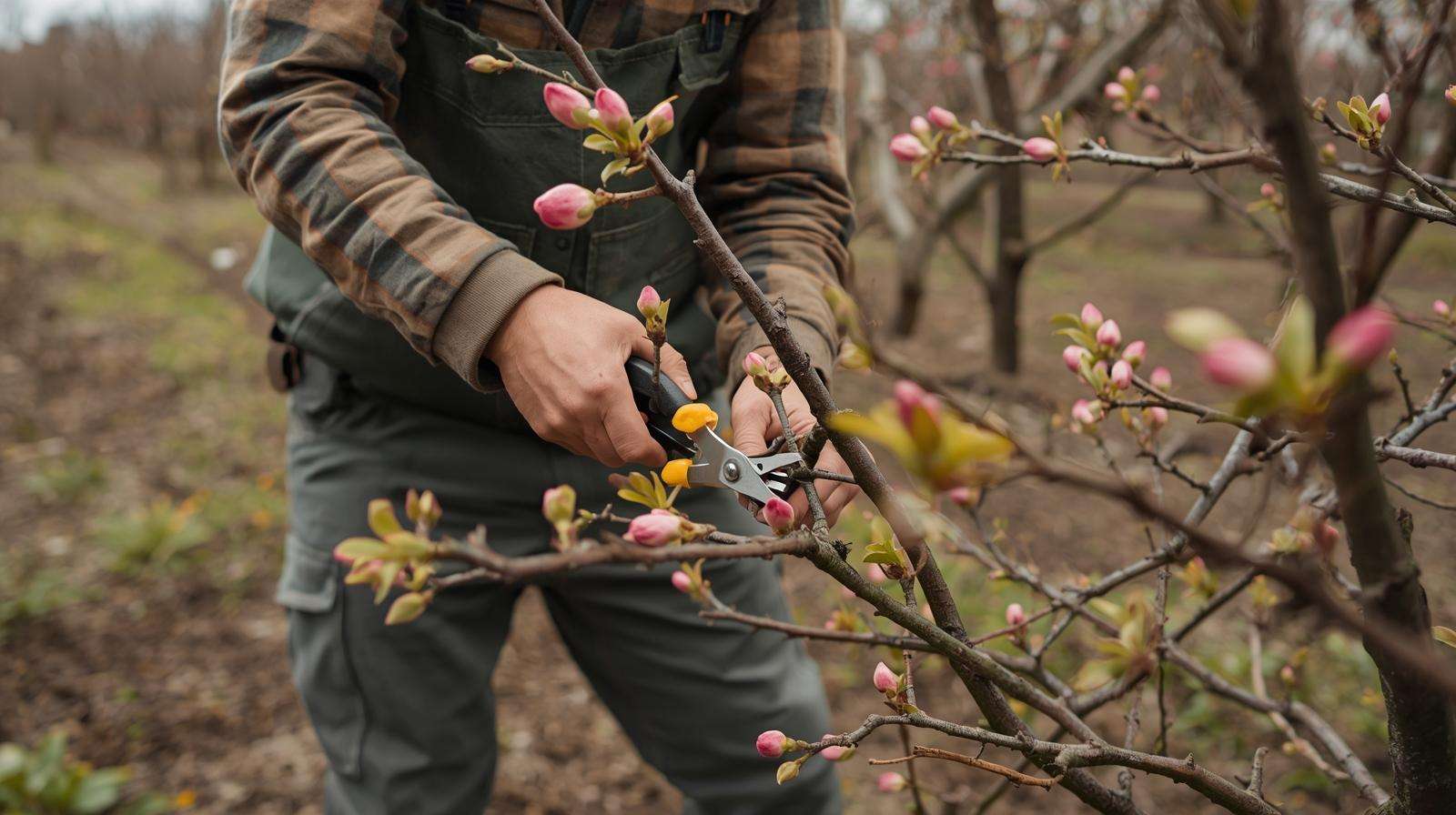 A farmer prunes a Contender flowering peach variety in late winter, preparing the tree for vibrant blooms in an orchard.