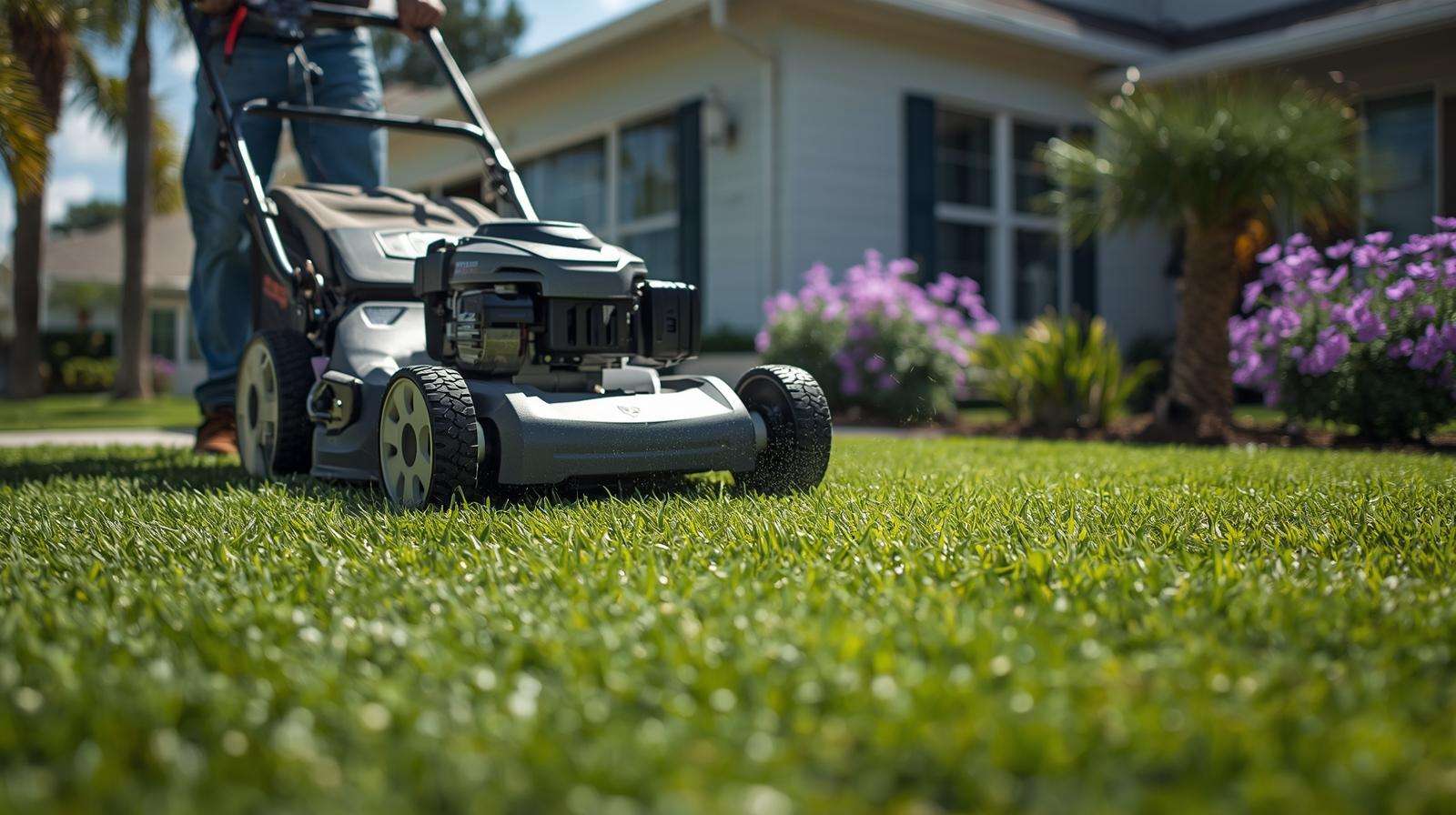 A landscaper mows a Zoysiagrass lawn, a Florida grass variety, in a suburban yard with salvia and a home in the background.