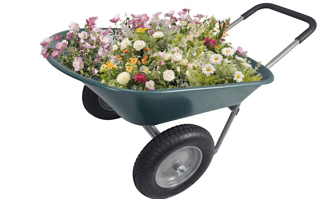Elevon Wheelbarrow Garden Cart, Heavy Duty Home Utility, Dual-Wheel Home Garden Yard Utility Wheelbarrow Cart with Built-in Stand, Green

