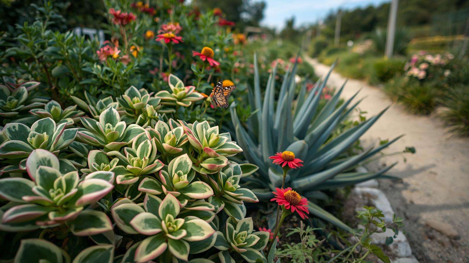 A gardener prunes a ‘Gollum’ jade tree variety in a container garden, shaping it with shears near agave plants.