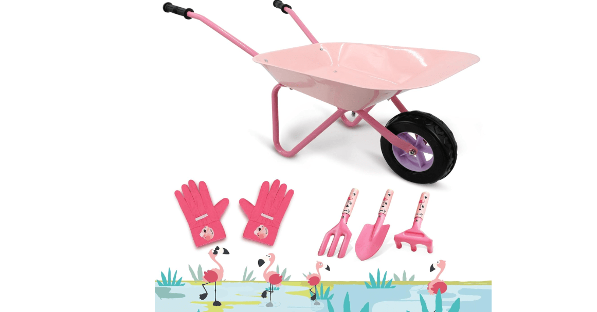 Kids Wheelbarrow Set Metal, Pink Child Wheel Barrel and Kids Gardening Tools Toddler, Garden Toys with Small Wheel Barrow, Outdoor Indoor Toys Gift for Girls
