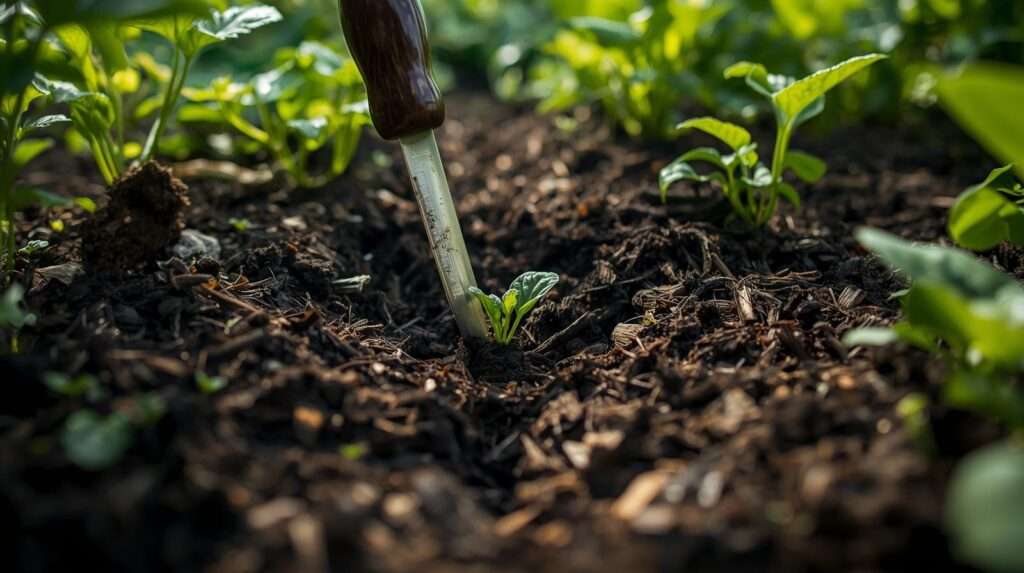 Hori hori knife planting seedlings in a mulched permaculture garden bed.