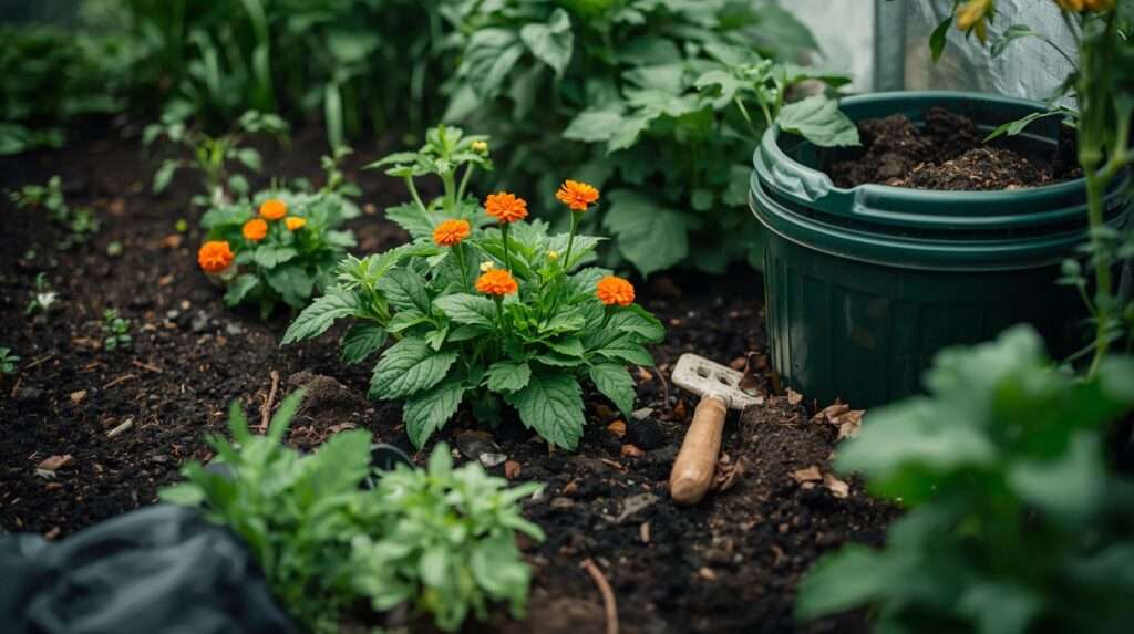 Close-up of permaculture greenhouse with companion planting and composting bin.