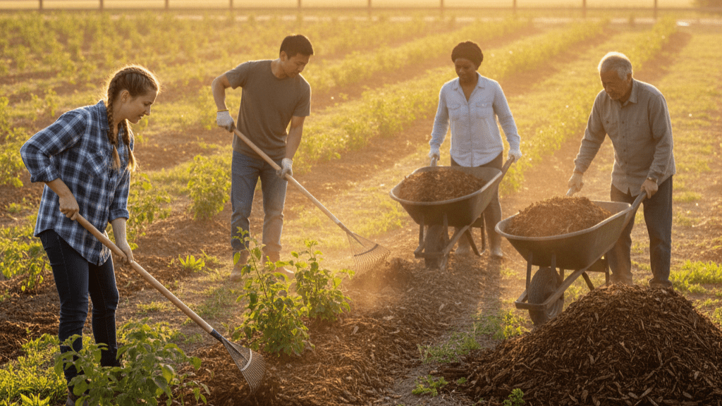 Farmers implementing hemlock mulch techniques for weed control and soil moisture in organic berry fields.