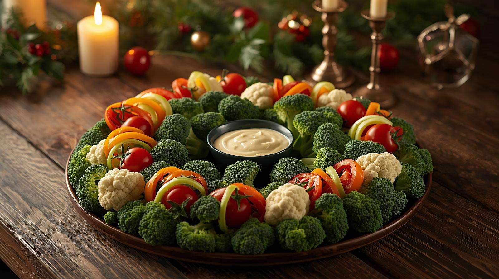 Wreath-shaped Christmas vegetable tray with homegrown broccoli, tomatoes, and peppers, served with dip on a festive table.