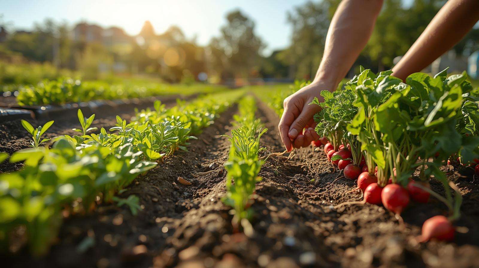 Succession planting of quick growing vegetables like lettuce and radishes for continuous garden harvests.