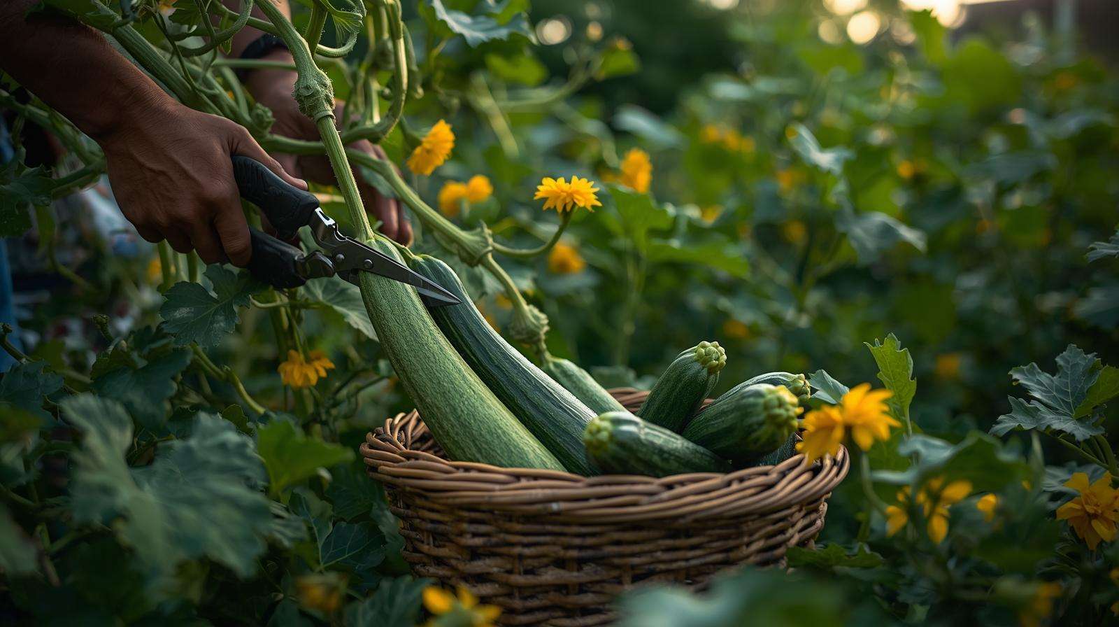 Gardener harvesting tender courgettes, showcasing the fresh yield of what are courgettes vegetables.