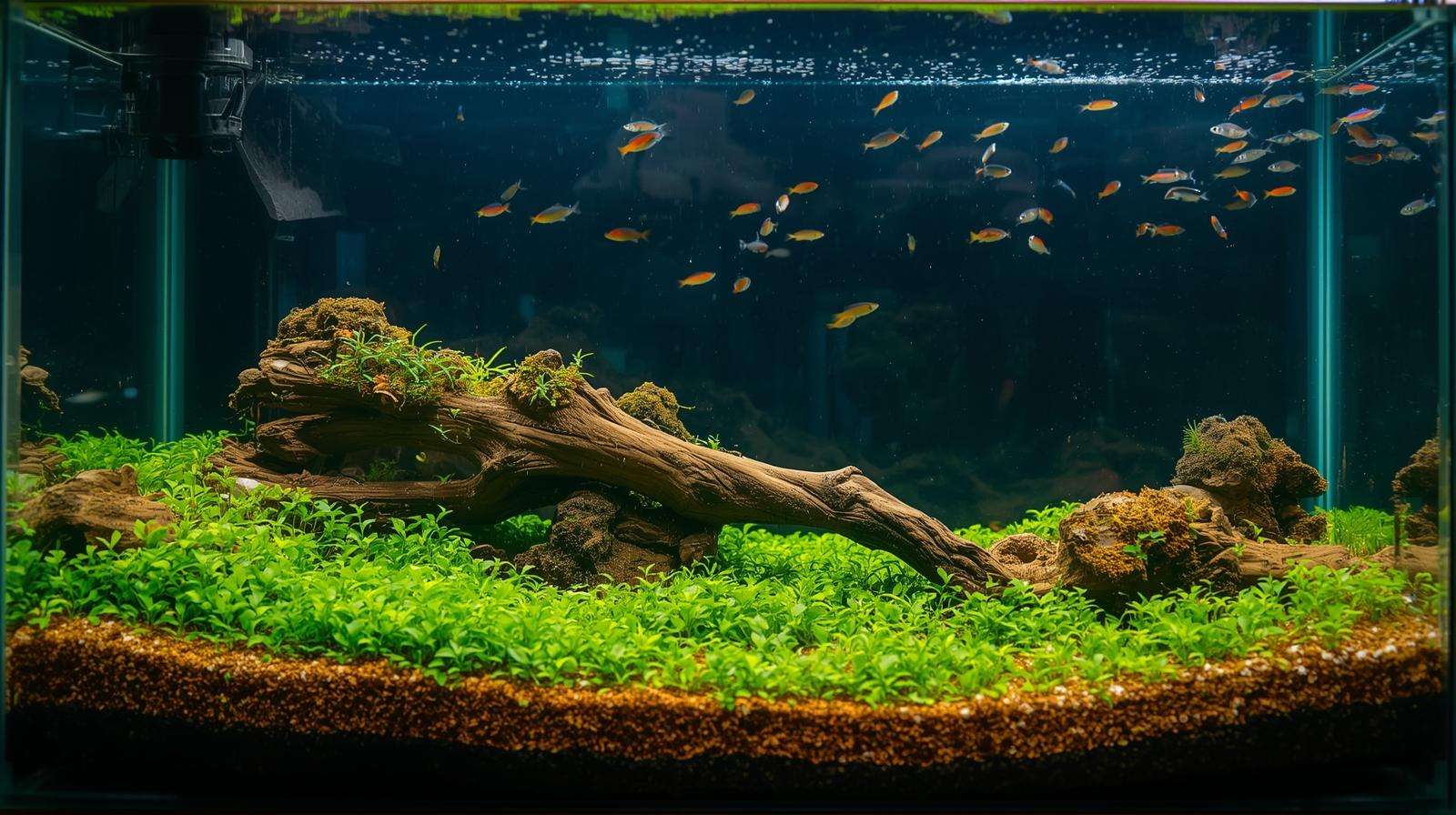 Natural aquarium design with aquatic soil for fish tanks and thriving plants for a stunning look.
