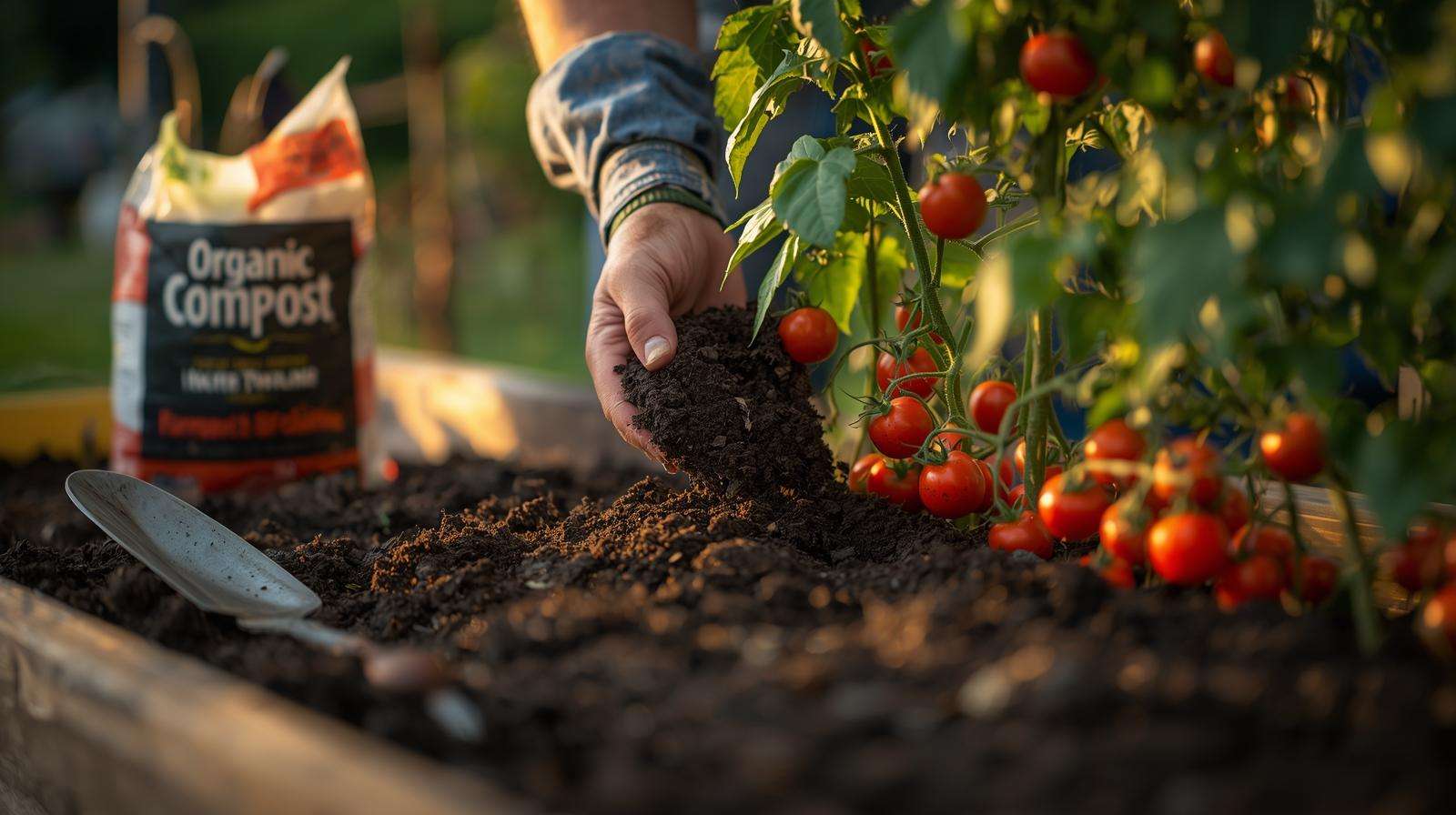 Gardener maintaining soil enhancer-treated soil with mulch for tomato plants