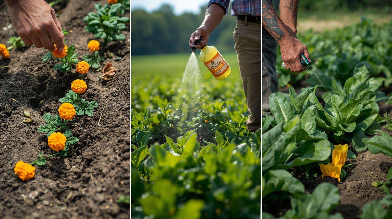 Farmer using companion planting and natural repellents for venomous insect control
